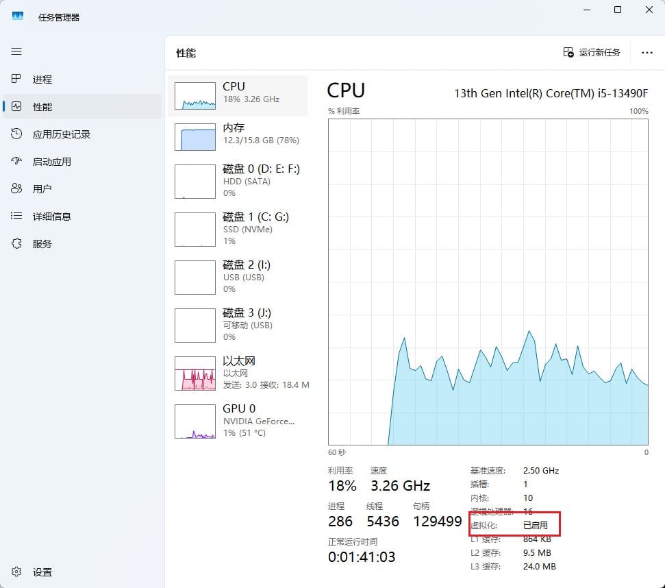 任务管理器性能页查看 CPU 虚拟化是否已启用