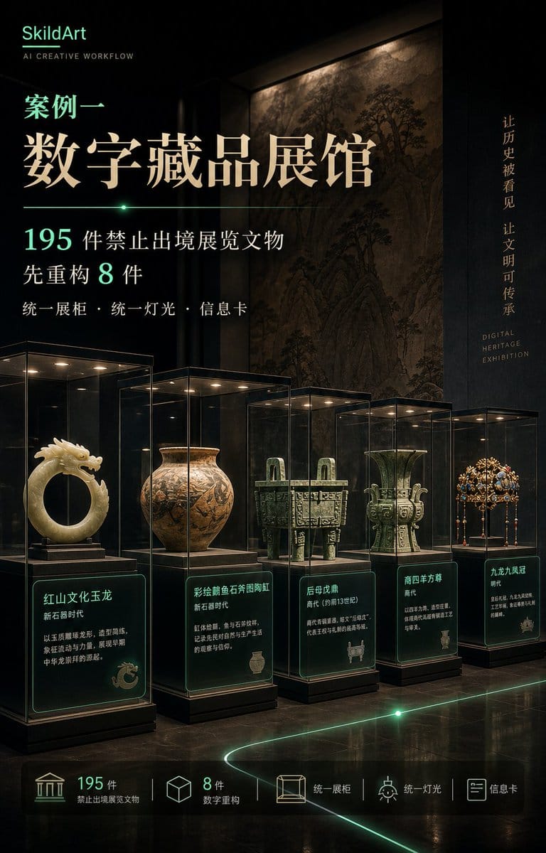 统一展柜灯光下带名称年代信息卡的文物展陈镜头