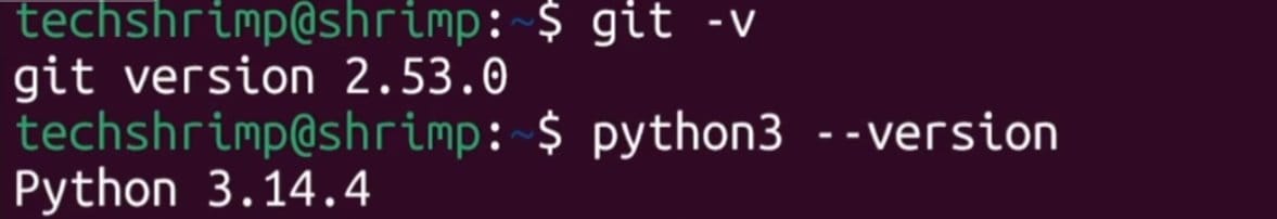 WSL 终端中查看 Git、Python、Node.js 版本号的命令回显