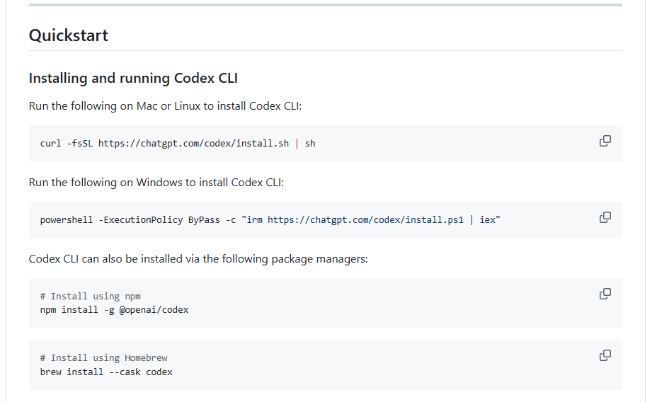 Codex CLI 官方文档中的 Linux 安装命令页面