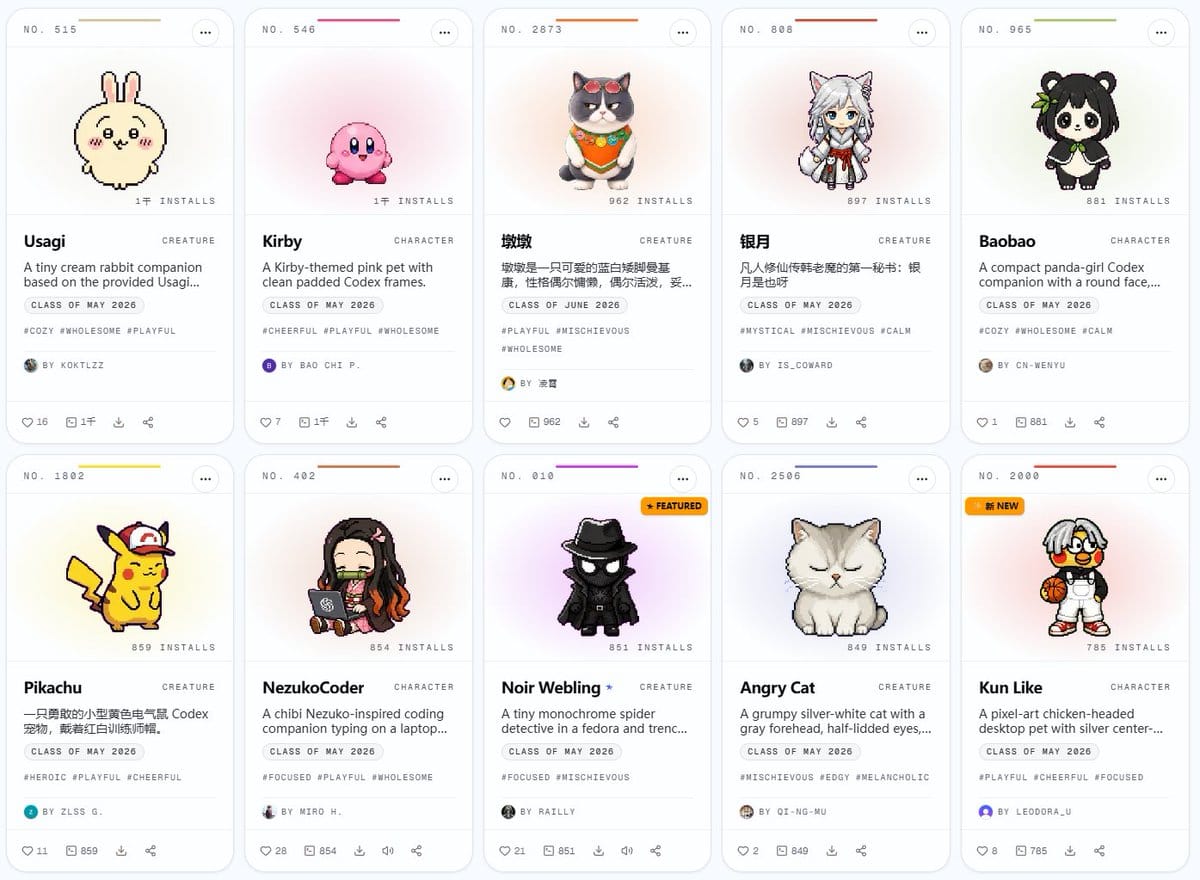 petdex.dev 网站上海量 Codex 桌宠可供挑选