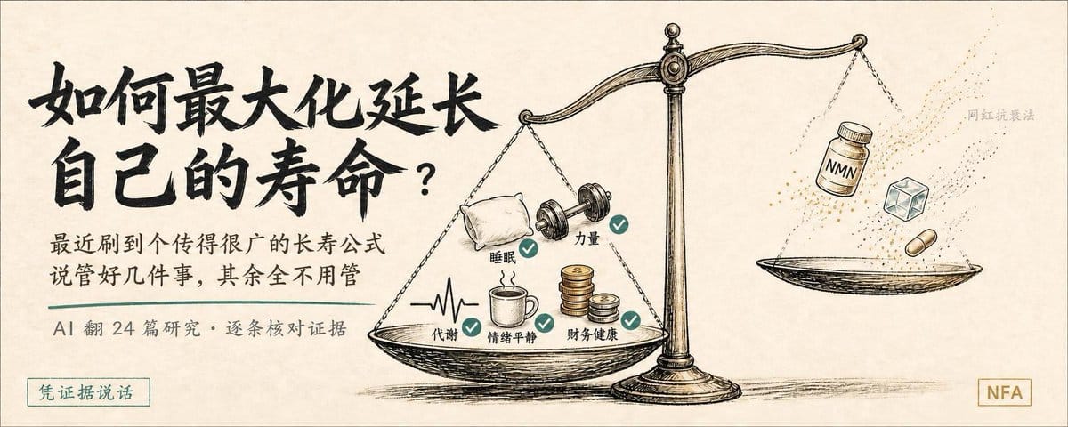 我把最近爆火的长寿五要素丢给AI跑了41分钟、翻了24篇研究：平静、睡眠、肌肉量、代谢、现金流，骗了好多人