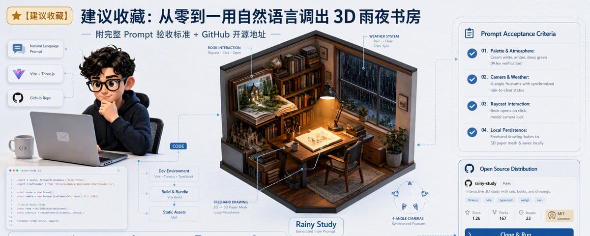 建议收藏：从零到一用自然语言调出 3D 雨夜书房（附完整 Prompt  + GitHub 开源地址） 。