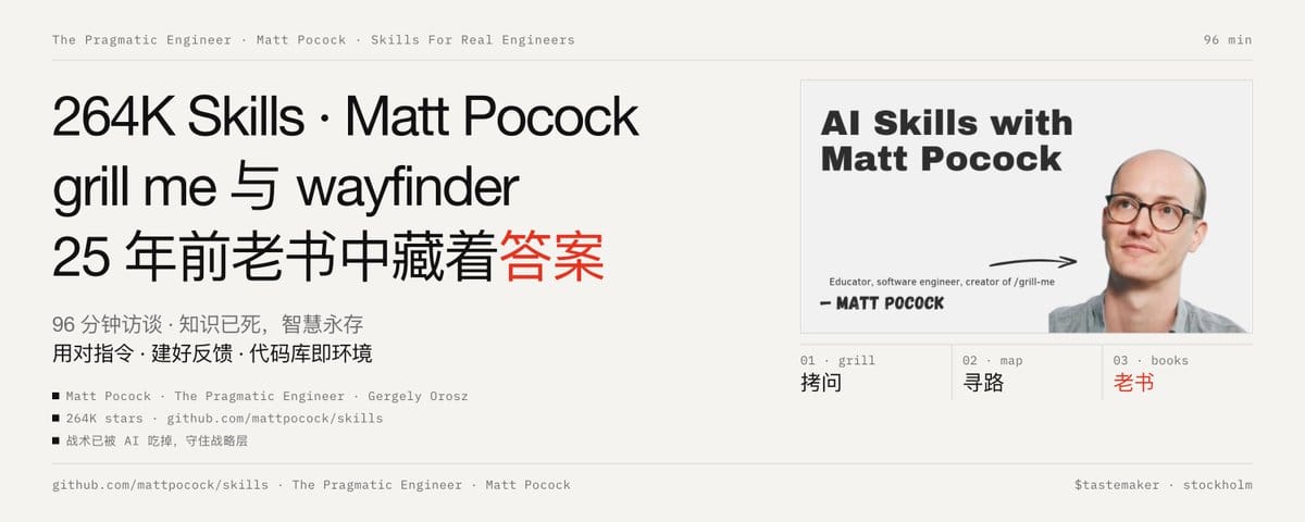 264K🌟 Skills 作者 Matt Pocock 96 分钟访谈：grill me 与 wayfinder 工作流，25 年前老书中藏着答案