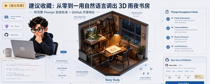 建议收藏：从零到一用自然语言调出 3D 雨夜书房（附完整 Prompt  + GitHub 开源地址） 。